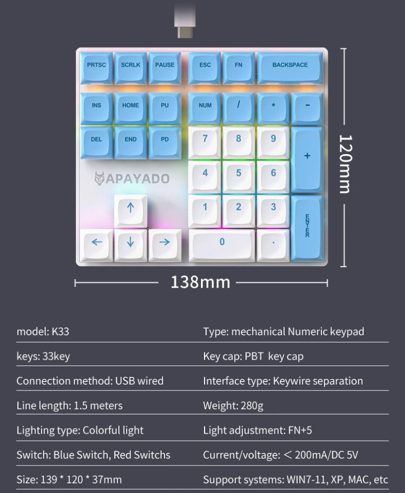 Imagem -05 - Teclado Numérico Mecânico Teclado Numpad 33 Teclas One Hand Contabilidade Financeira Teclado Empresarial Laptop Mini Teclado Externo K33 tipo c com Fio Luz Rgb