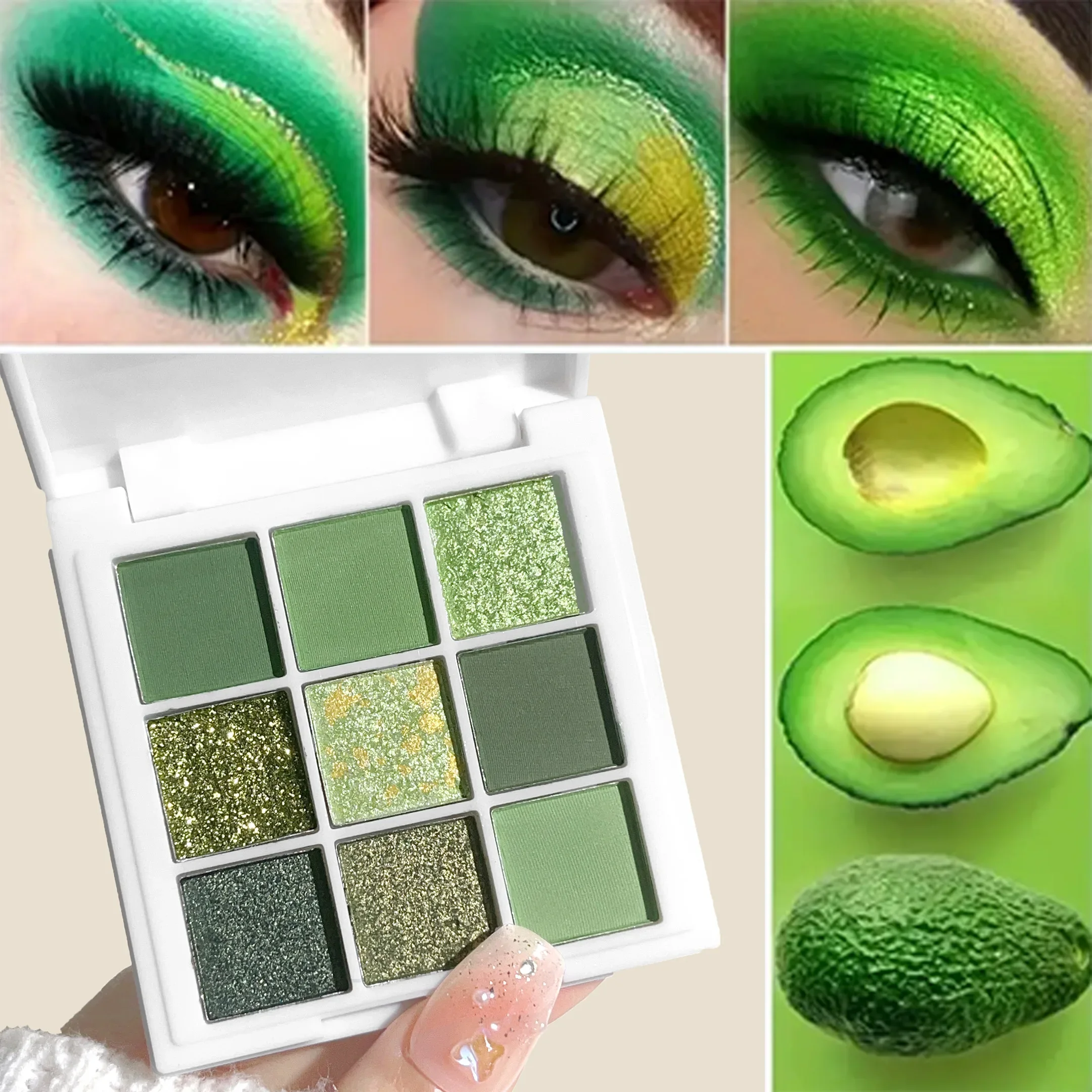 Palette di ombretti da 9-18 colori, toni verdi e dorati, effetti opachi e glitter, trucco occhi con paillettes ad alta colore, impermeabile e lungo