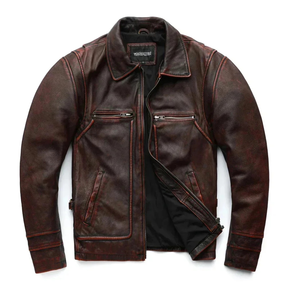 MAPLESTEED Brand Men Leather Jacket Black Red Brown 100% Cowhide Vintage Jackets Winter Coat Long Sleeve 62-68cm M-5XL M100