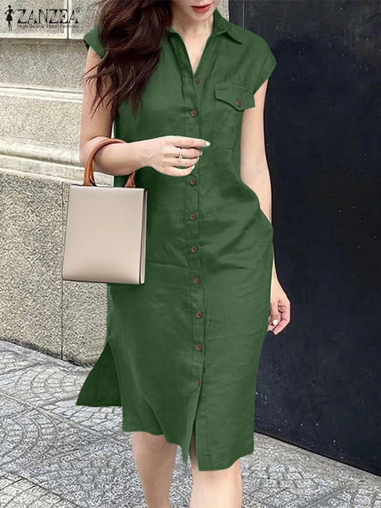 ZANZEA 2025 vestido de verano para mujer, moda elegante, vestidos OL de trabajo, vestido informal liso con botones, vestido veraniego con cuello de solapa, bata sin mangas de gran tamaño