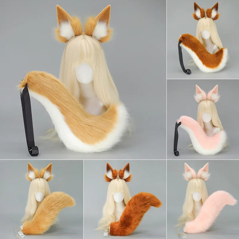 

Furry Fox Ear Tail Anime Plush Cat Dog Ears Hairband Pink Animal Tail Fluffy Cosplay Ears Tail Game Role Play