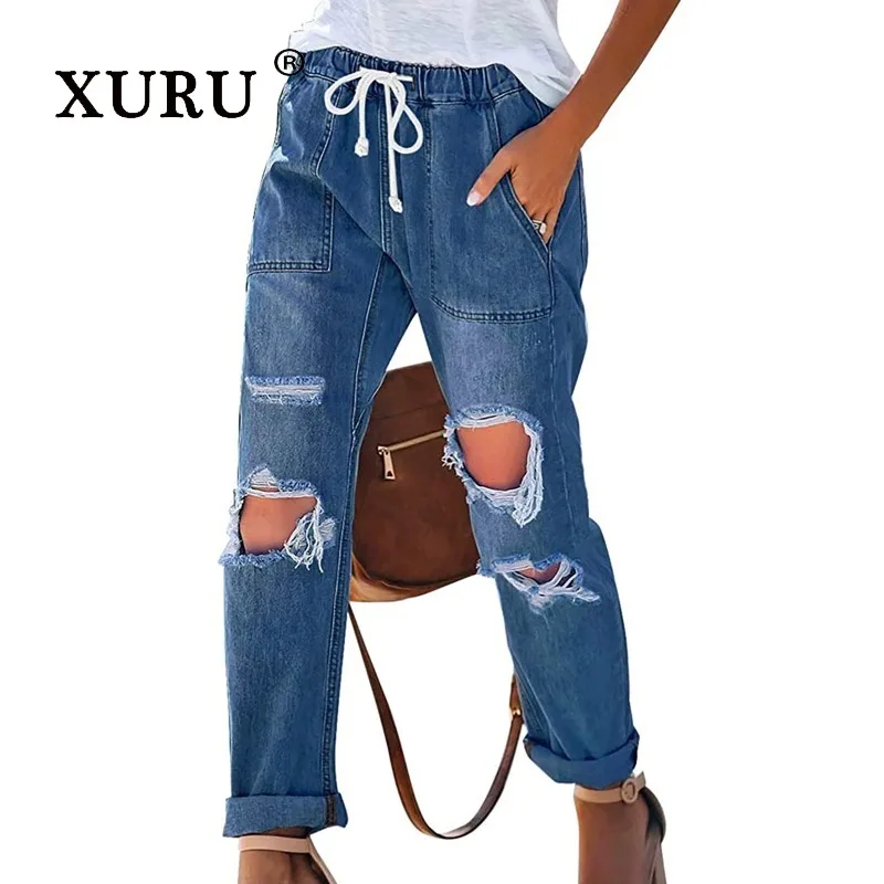 

XURU-Broken Jeans for Women, Dark Blue, Light Blue, Classic Elastic Drawstring Jeans, Europe and The United States, N3-3137, New