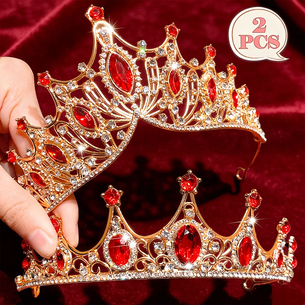 

2pcs Fashion Red Gem Crystal Hair Crown Intricate Filigree Details Luxurious Special Events Charming Dazzling Design Accessories