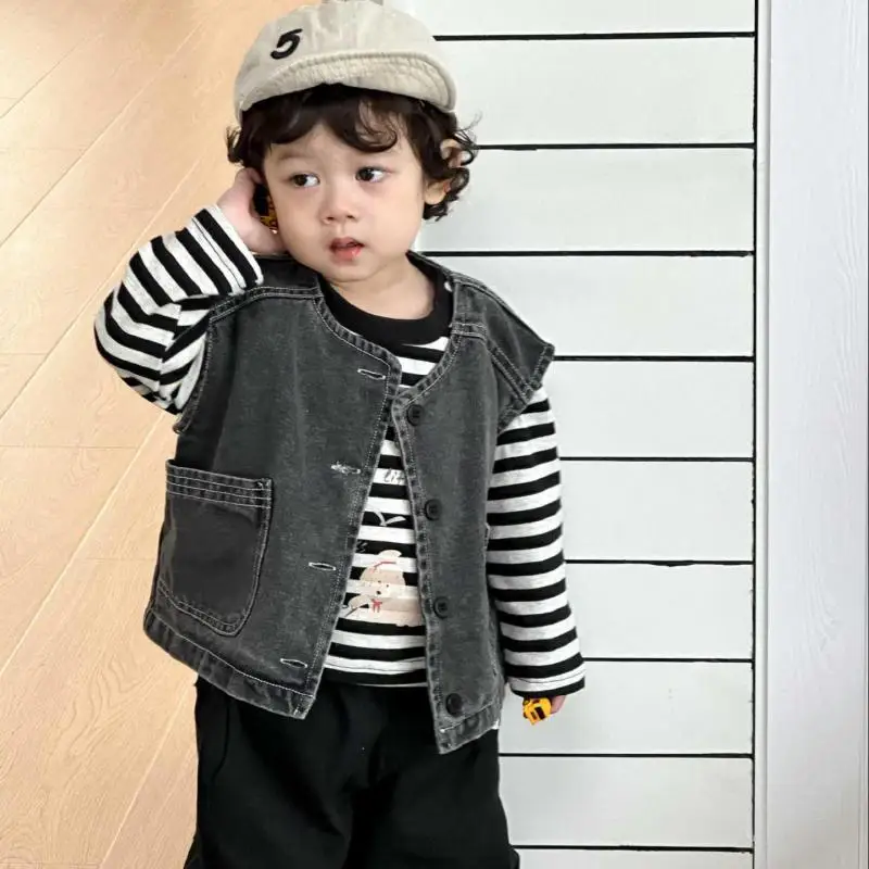 

Осень 2023, новый детский джинсовый жилет без рукавов, милый повседневный жилет для мальчиков и девочек, модная куртка, кардиган для младенцев, детская одежда