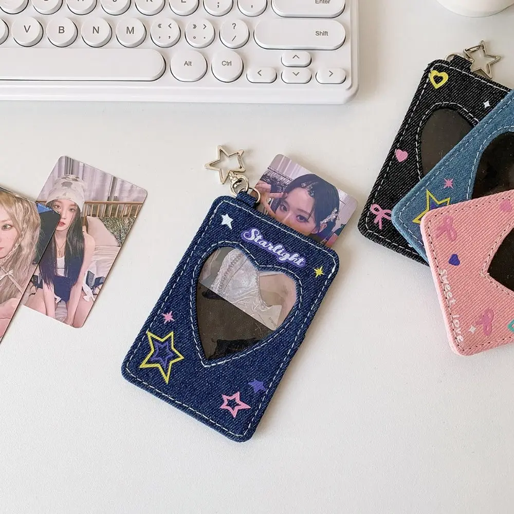 Kawaii Y2k Denim Card Holder Star Keychain Bag Pendant Cards Protector Love Heart Pendant ID Card Holders Photocard
