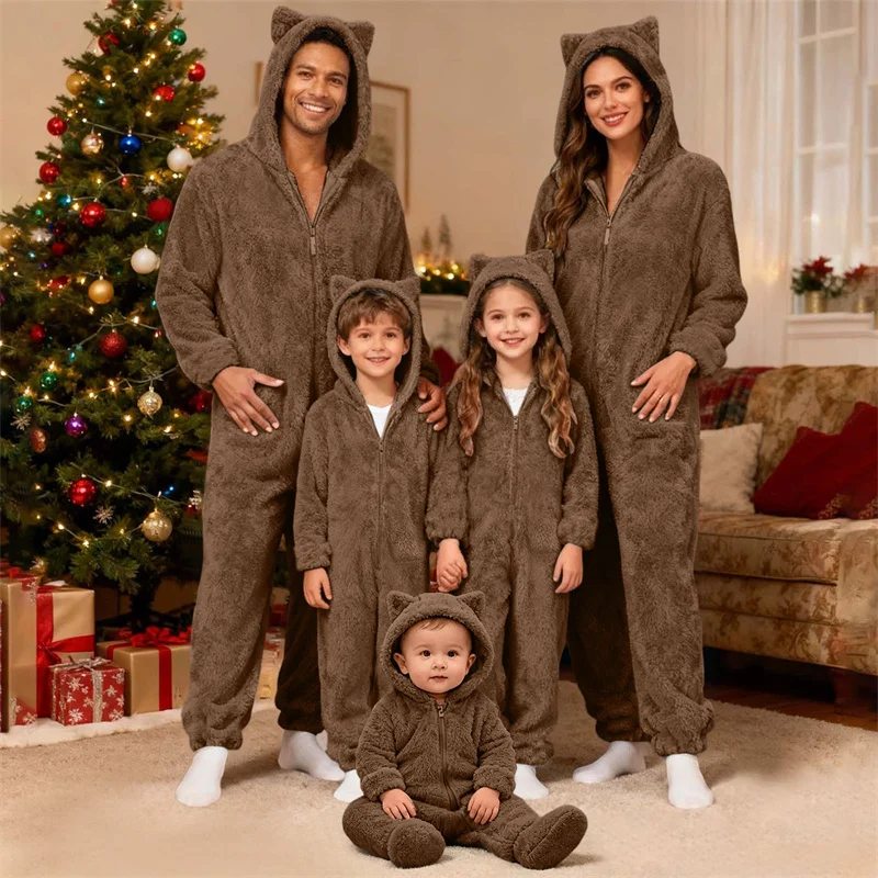 Passende Jumpsuit-Anzüge für Familie, Kinder und Erwachsene, Winter, bequem, dick, warm, Overalls, Mädchen, Mama, täglich, thermisch, mit Kapuze, Pyjama