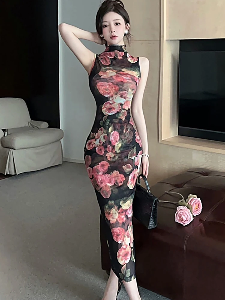 

Women Floral Mesh Sleeveless Stand Collar Long Dress 2025 Korean Vintage Luxury Evening Dress Summer Korean Bodycon Party Dress