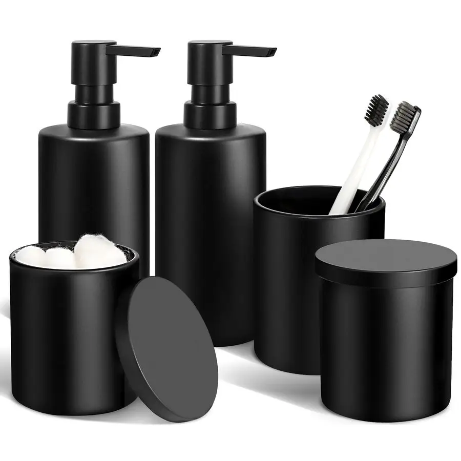 

Черный набор аксессуаров для ванной комнаты, набор аксессуаров для ванной комнаты из 5 предметов, стеклянный дозатор мыла и набор держателей для зубных щеток, держатель Qtip и