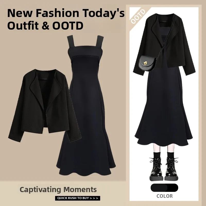 Ele Commuter High-End Terno Jaet Feminino Outono Inverno Novo Sle Cinto Strap Fi Tail Dr Conjunto de Duas Peças