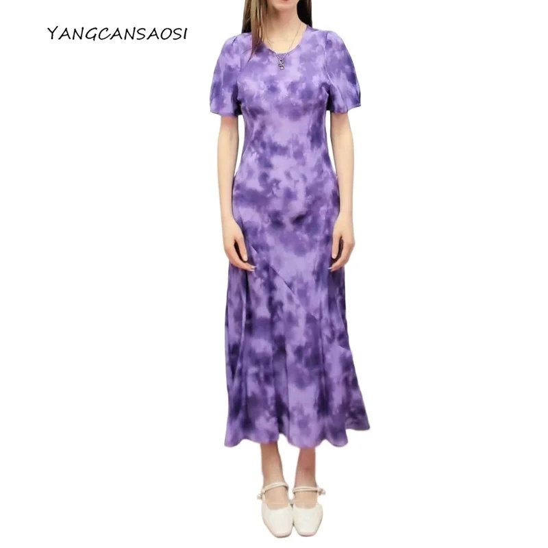 

Fashion Slant Cut Purple Printed Fish Tail Design 100% Natural Mulberry Silk Double Crepe Summer Short Sleeve Round Neck Dress
