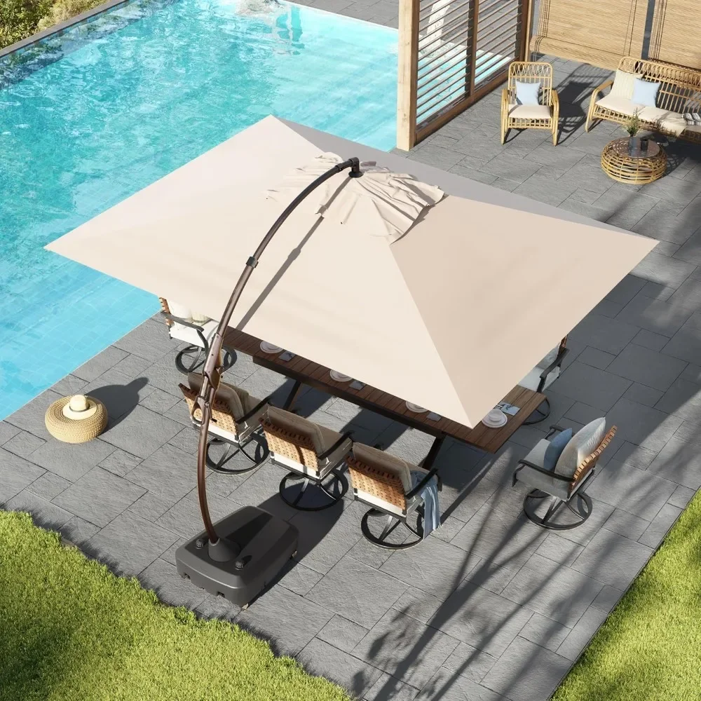 Parapluie en porte-à-faux rectangulaire extérieur en aluminium, 10x13 pieds, modifié avec base pour piscine et jardin, champagne