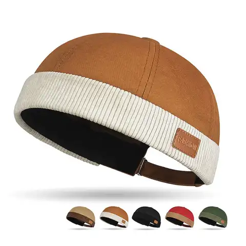 Unisex Beanies Without Visor Splicing Corduroy Docker Cap Landlord Hat Adjustable Brimless Hat Hip Hop Casual Dome Melon Cap