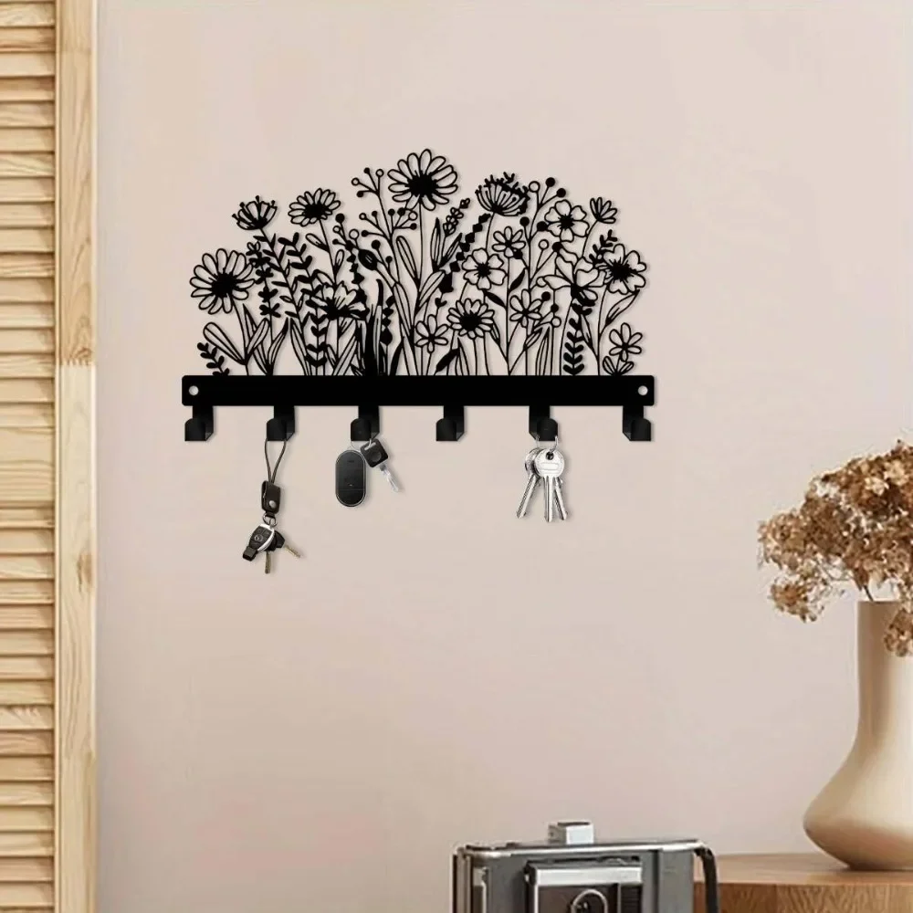 CIFBUY 1pc Floral Iron Wall Art Key Holder, Metal Hook Organizer, Powder-Coated Rustproof Waterproof Hanging Decor