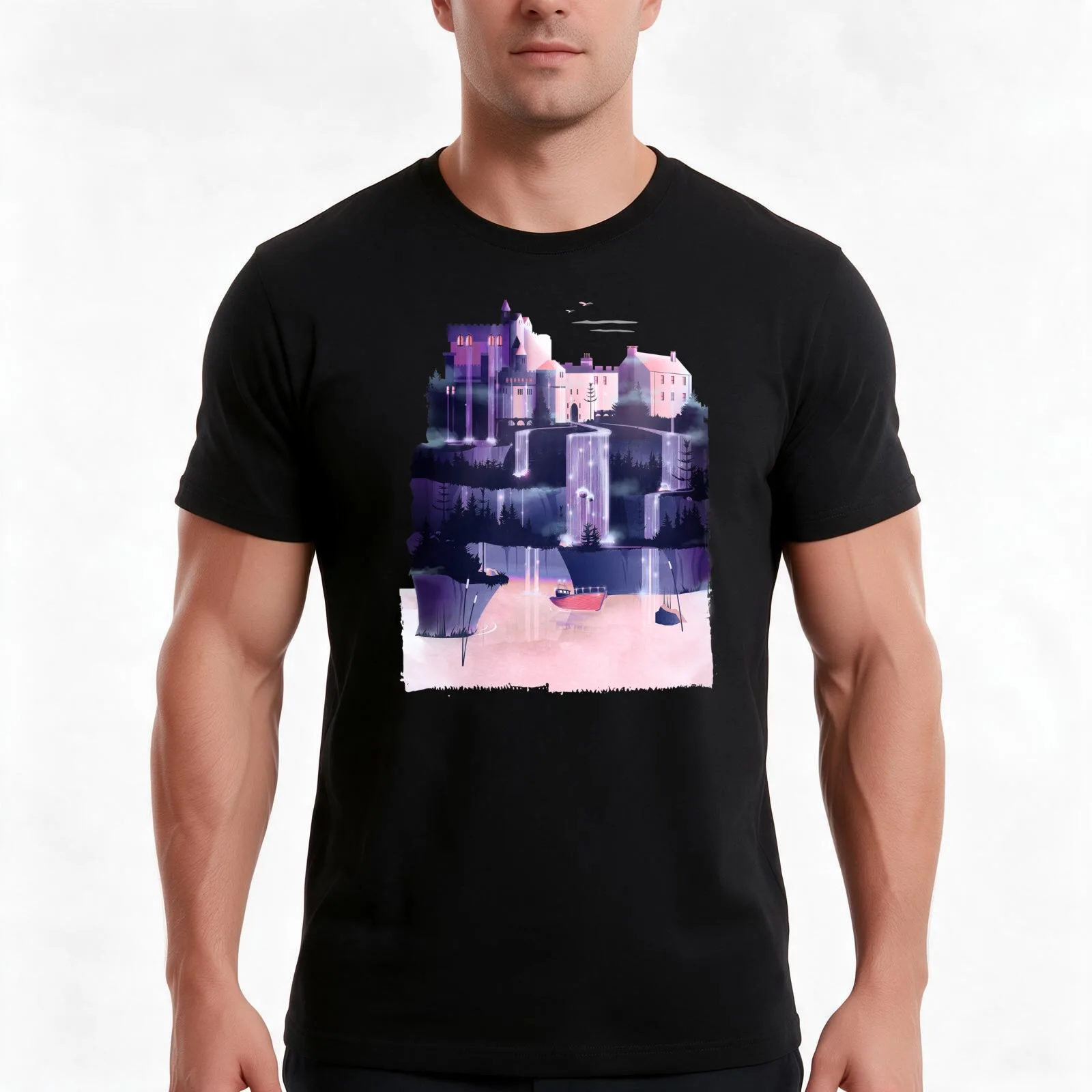 Waterfall Castle T-Shirt, Summer Casual Cotton Tee, Oversized Streetwear Tops, Vintage Graphic Print, Loose Fit Short Sleeve