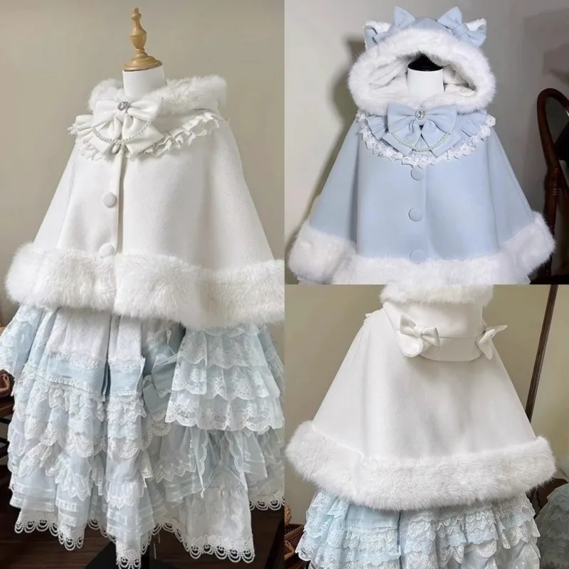 

Cat Ear Cape Hoodie Girl Lolita Y2K Fuzzy Lace Cloak Cute Loose Winter Shawl Hoodie Women Kawaii Warm Outerwear Loose Top New