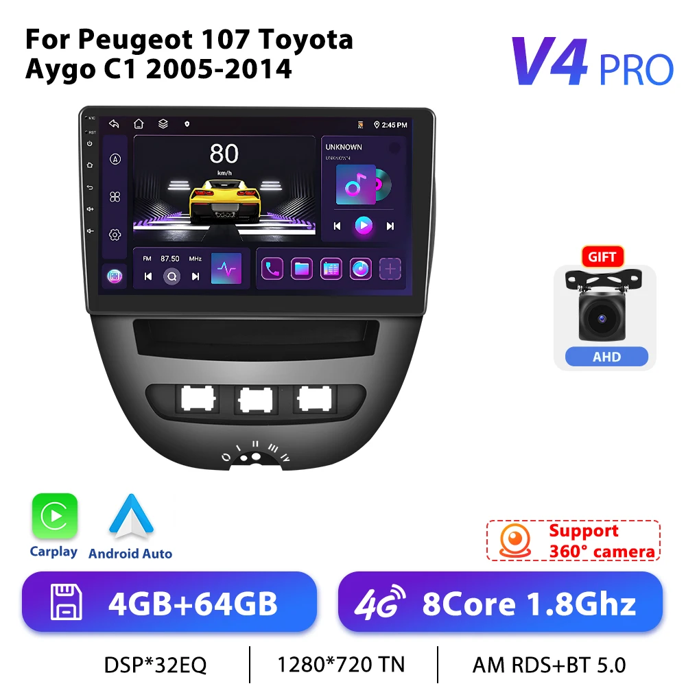 Podofo 10.1 "Autoradio Draadloze CarPlay Android Radio For PEUGEOT 107/Citroen C1 2005-2014 Multimedia GPS 4G WIFI BT Autoradio