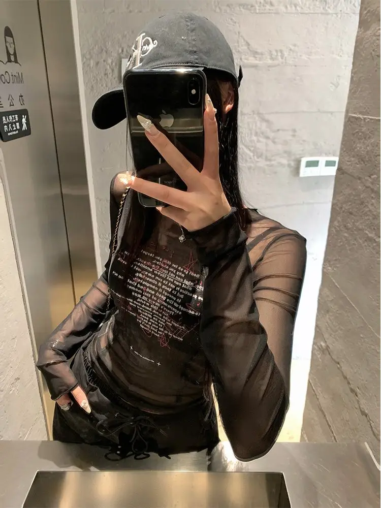 Yedinas Mesh Tops Long Sleeve Korean Fashion See Through T Shirt Women Clothes Summer Tops Grunge Aesthetics Tees Tshirts Y2k