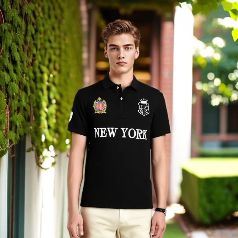 Designer New York Men's Polo T Shirt Classic Breathable Cotton Short Sleeve Golf Wear Collared Tee
