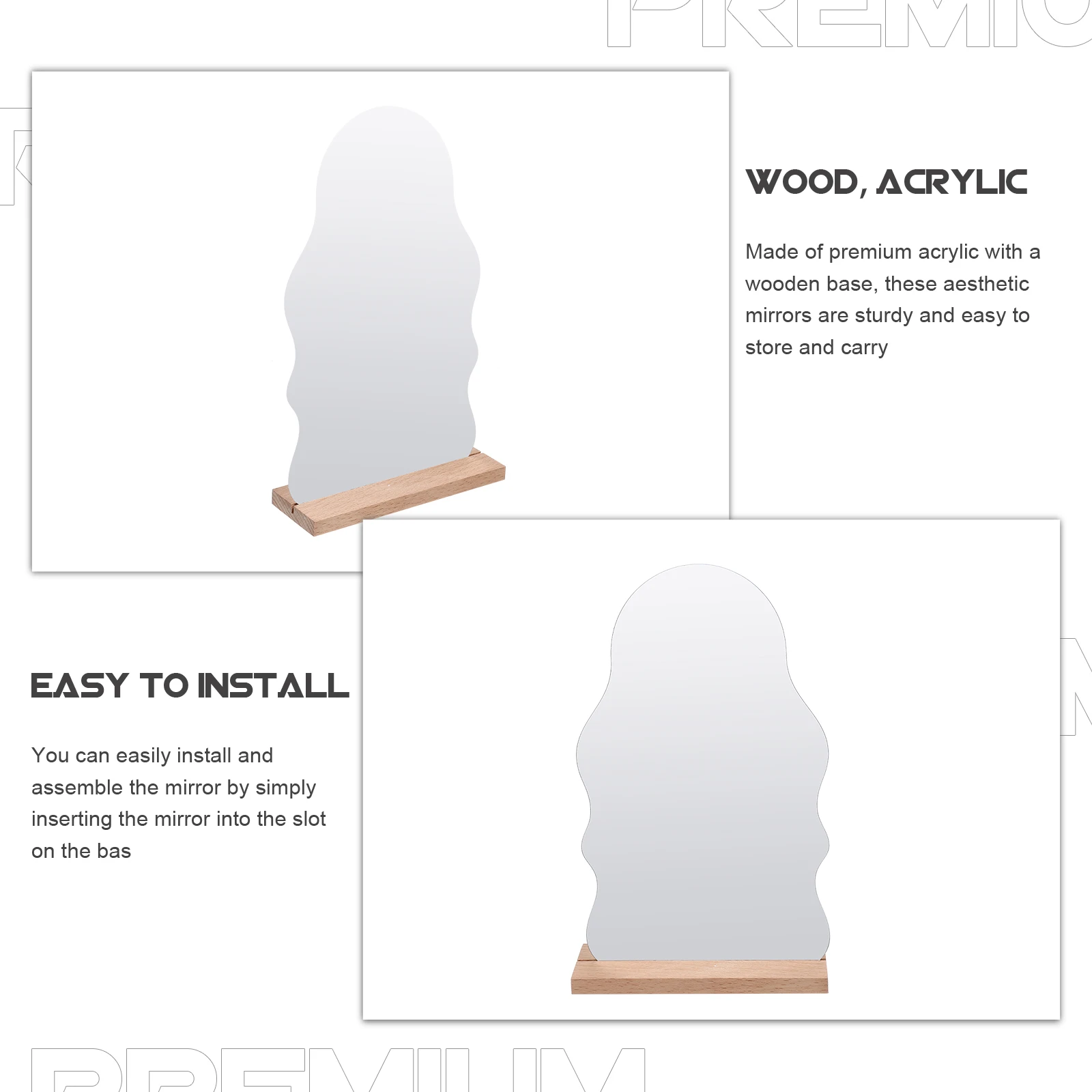 アクリル化粧デスクトップバニティミラーポータブル小型不規則なスタイリッシュな化粧鏡形状木製ベース寝室オフィス使用