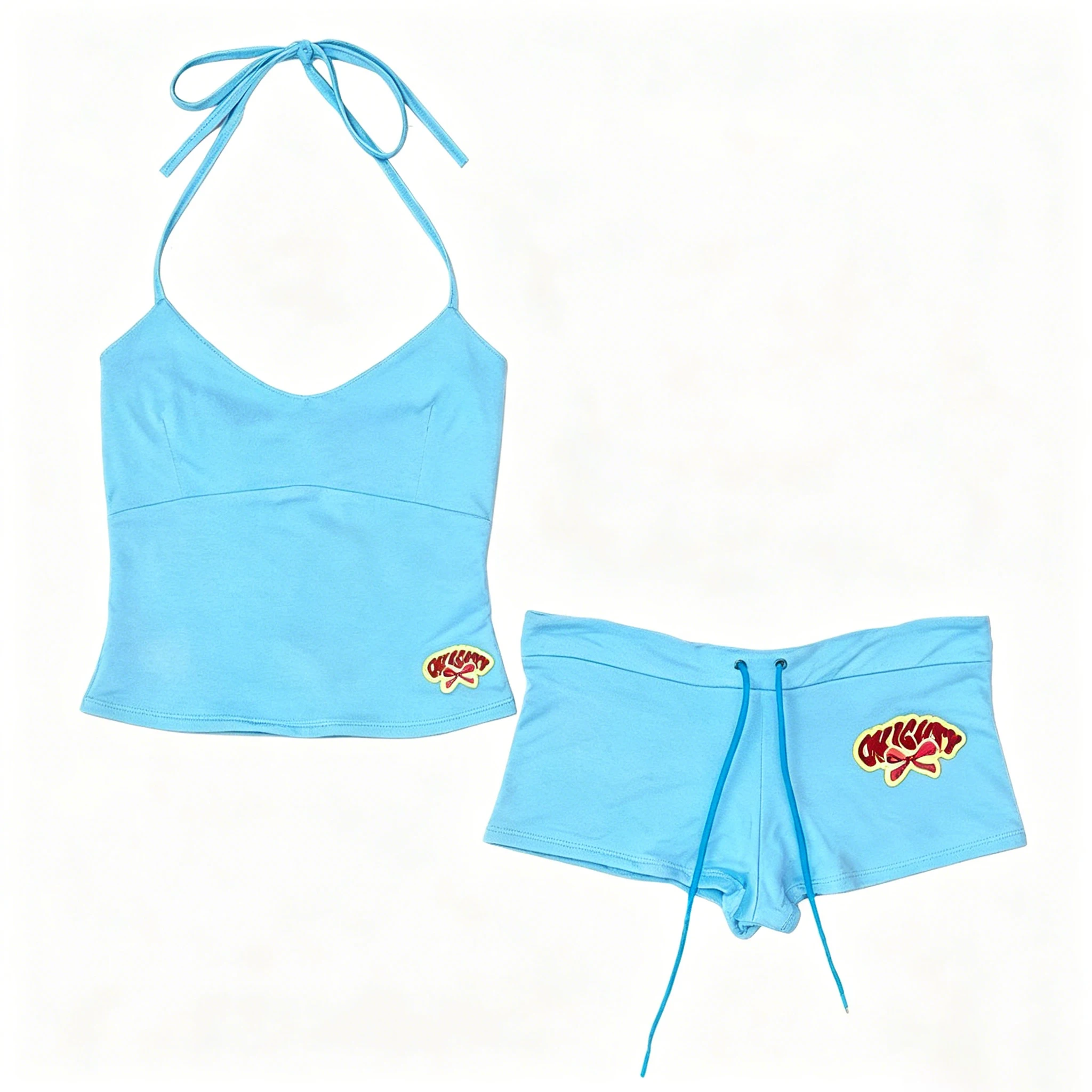 

Women Halter Neck Crop Top & Drawstring Shorts Set Y2K Bow Embroidery 2-Piece Loungewear Streetwear 2026