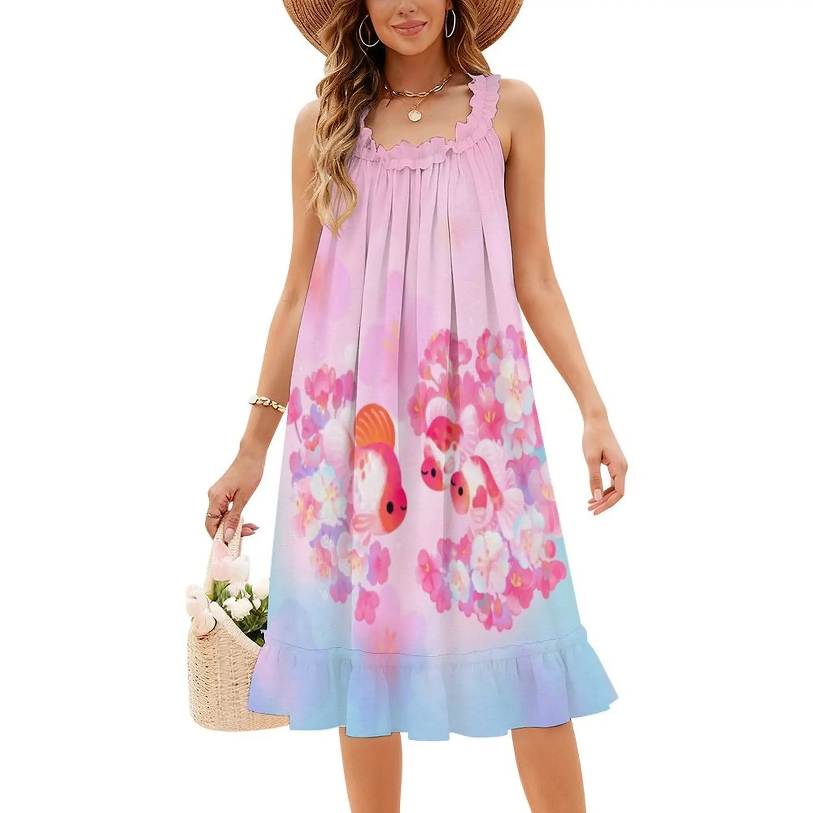 Sakura ryukin estilo coreano vestido casual para mulheres simples diário escritório senhora vestidos flor de cerejeira peixinho sakura vestido de primavera