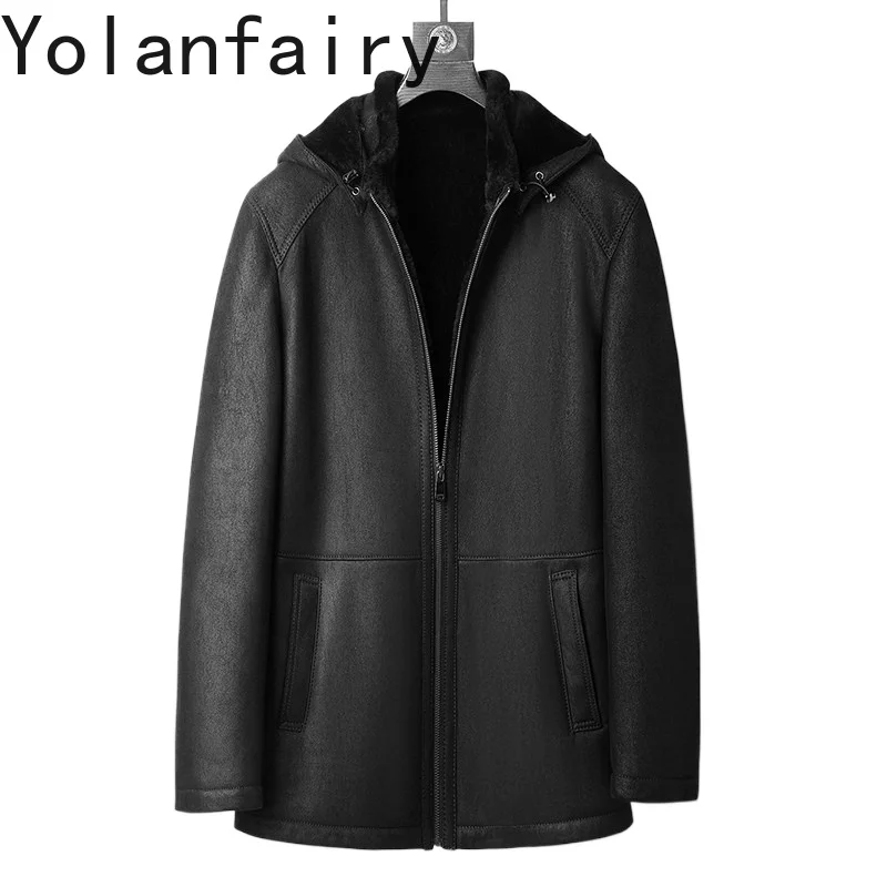 YOLANFAIRY 100% Real Fur Coats for Man High Quality Hooded Winter Genuine Sheep Shearling Jacket Warm Natural Fur Coat abrigos