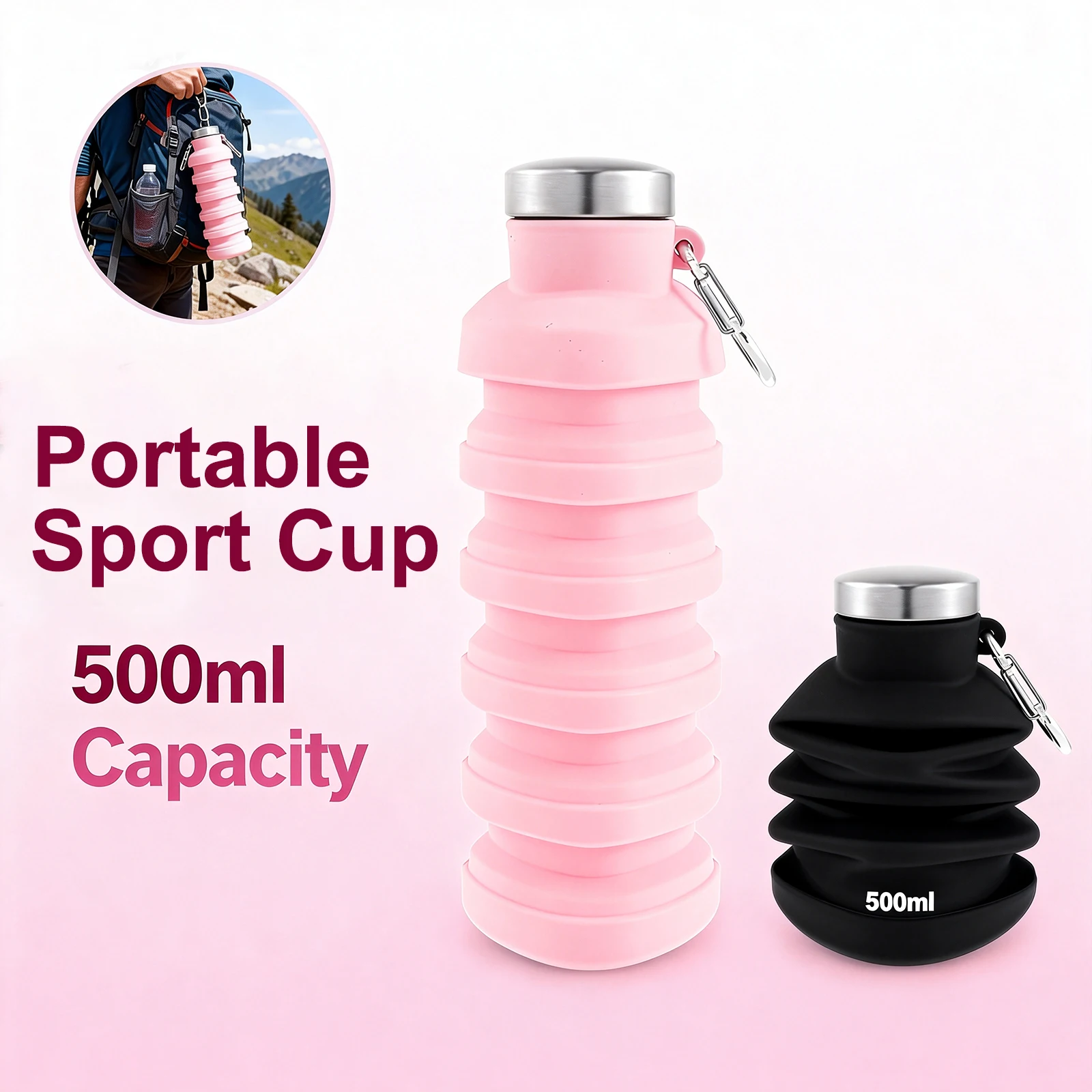 

2 шт. складная силиконовая бутылка для воды с застежками 500 мл портативная спортивная бутылка герметичная уличная дорожная походная спортивная чашка для воды