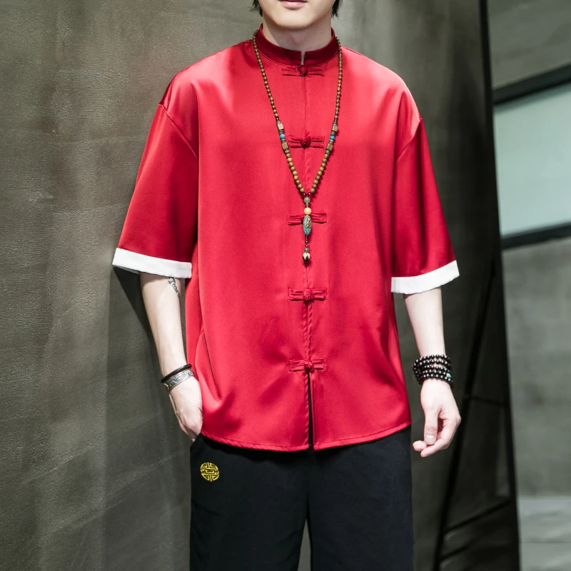 

Ice Silk ort Sve irt Chinese Sle Vintage Button up Five Sve Top Summer Outerwear Thin Faion Urban Youth irt