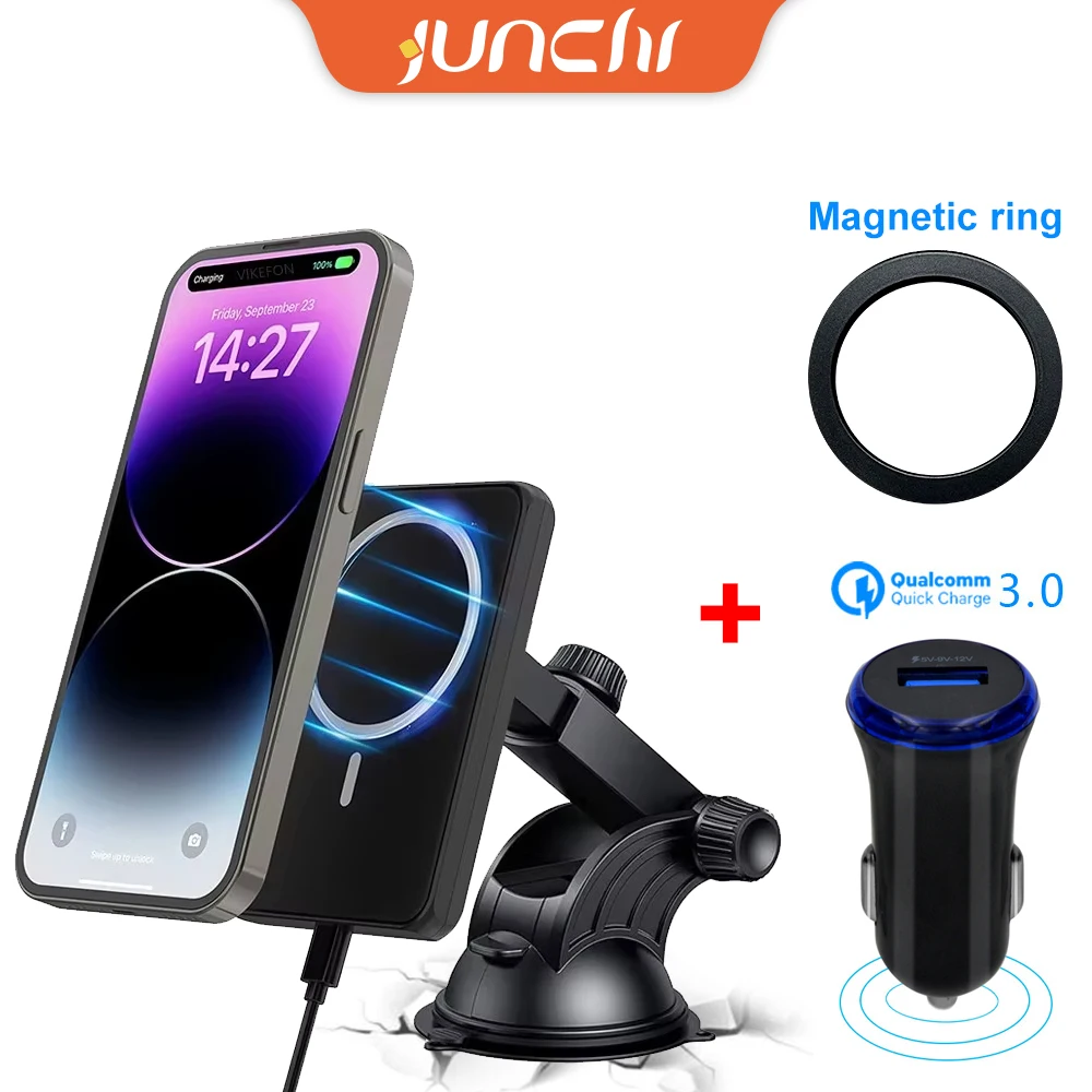 Car Wireless Charger Kit with  Suction Cup Holder Magnetic Ring for iphone Charger Car Wireless Charging Fast Macsafe Charger