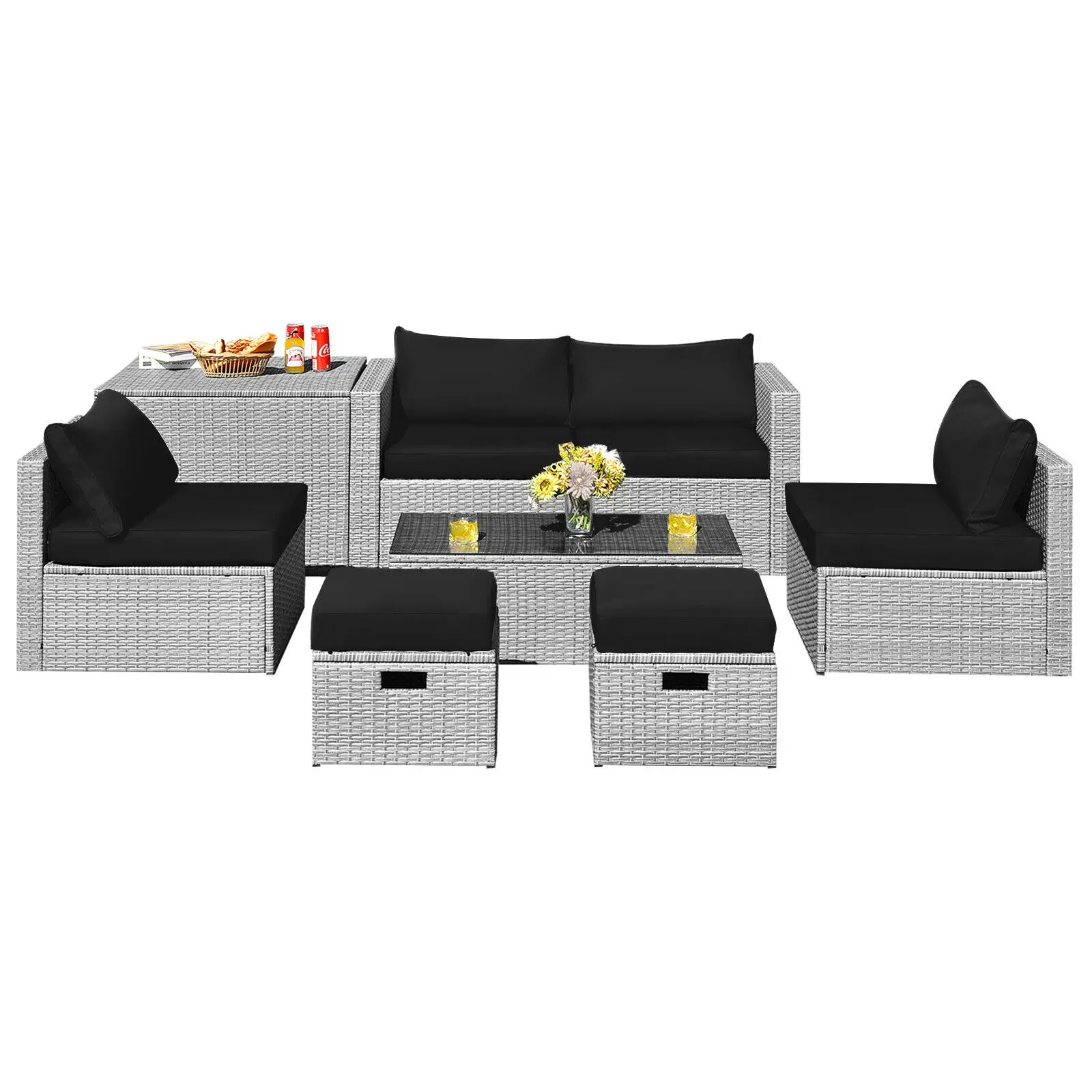 

Patiojoy 8PCS Patio Rattan Furniture Set Storage Waterproof Cover Black Cushion HW68604DK