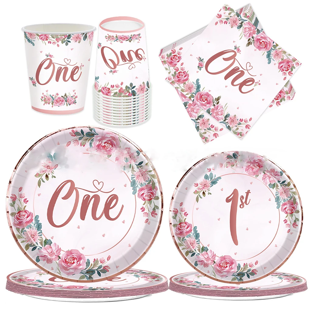 8Guest Pink Rose One Disposable Tableware Rose Gold One 1st Paper Plate Baby Girl Princess Happy 1st Birthday Favor