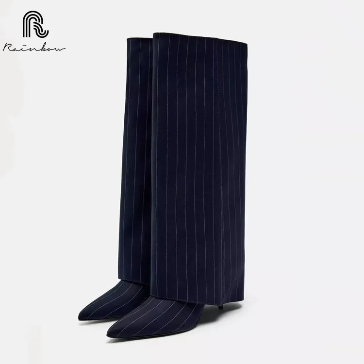 RAINBOW 34-43 New Blue Stripes Sexy Autumn Winter Shoes Women Knee High Boots High Heels Pointed Toe Party Female Lady designer