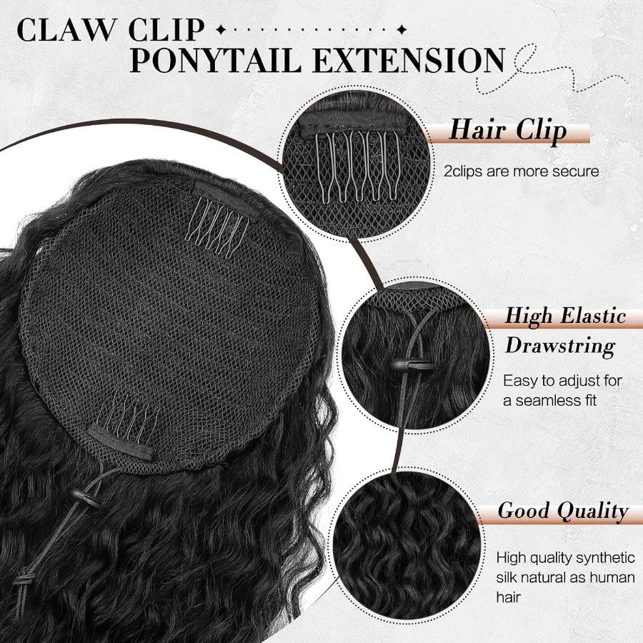 وصلة شعر صناعية طويلة مجعدة متعددة الاستخدامات مع تصميم برباط للنساء ذوات البشرة السمراء، قطعة شعر سهلة المشبك