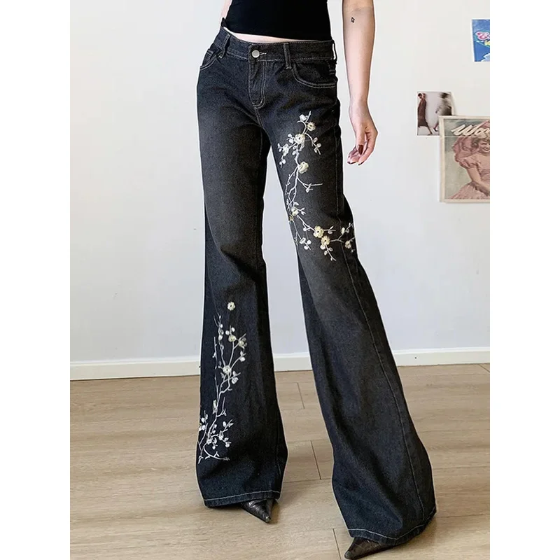 Y2k Denim Fared Jeans Women Low Rise Straight Full-length Jean Embroidery High Street Casual Dragging Fashion Pants Chic Flower