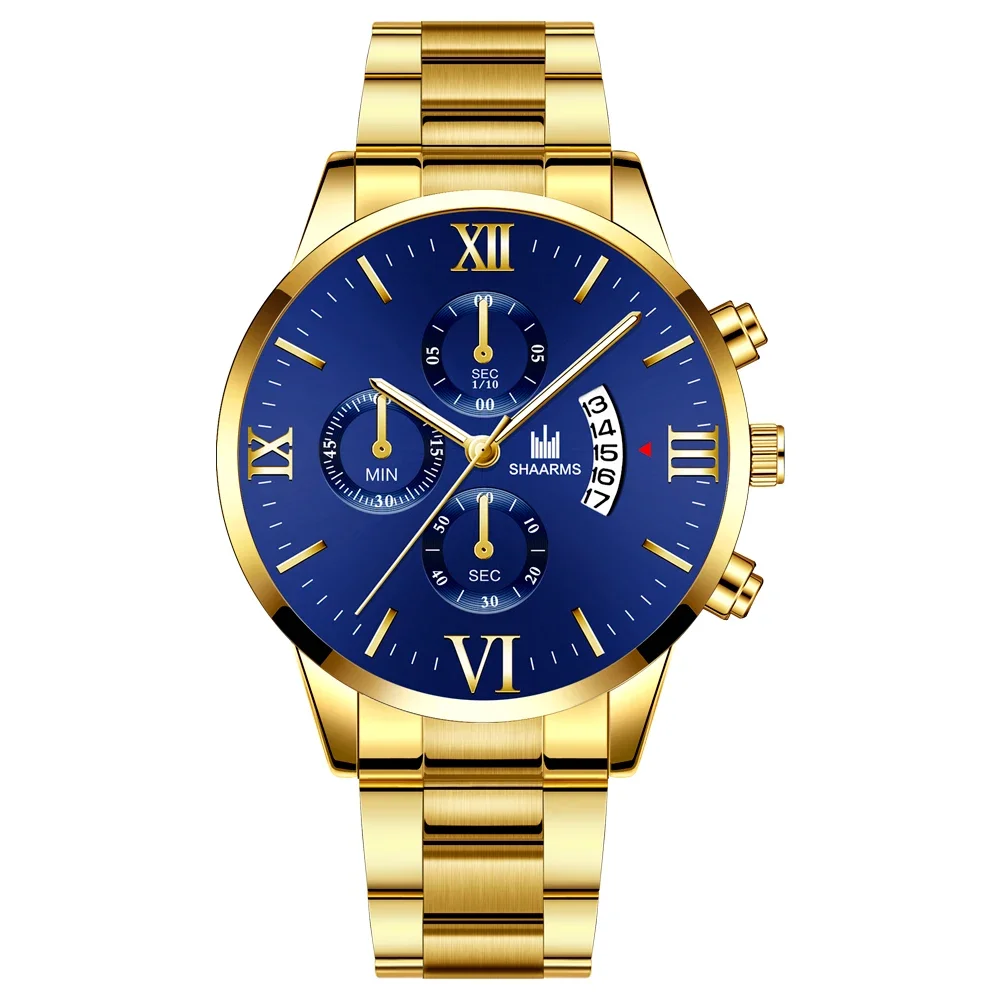 Reloj de cuarzo de lujo para hombre, reloj de acero inoxidable dorado y negro con calendario y fecha, reloj masculino