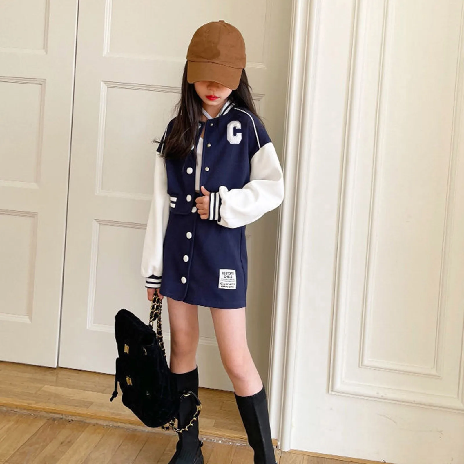 

2024 Children Kids Toddler Girls Long Sleeve Patchwork Baseball Coat Jacket Outer Patchwork Skirt Outfit Set 2pcs Clothes