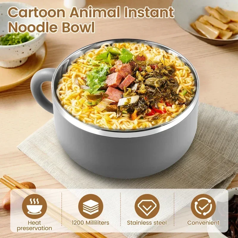 1200ml Ramen Bowl 304 Stainless Steel Noodle Bowl with Lid and Spork Heat Resistant with Handles Ramen Noodles Bowl Cooker