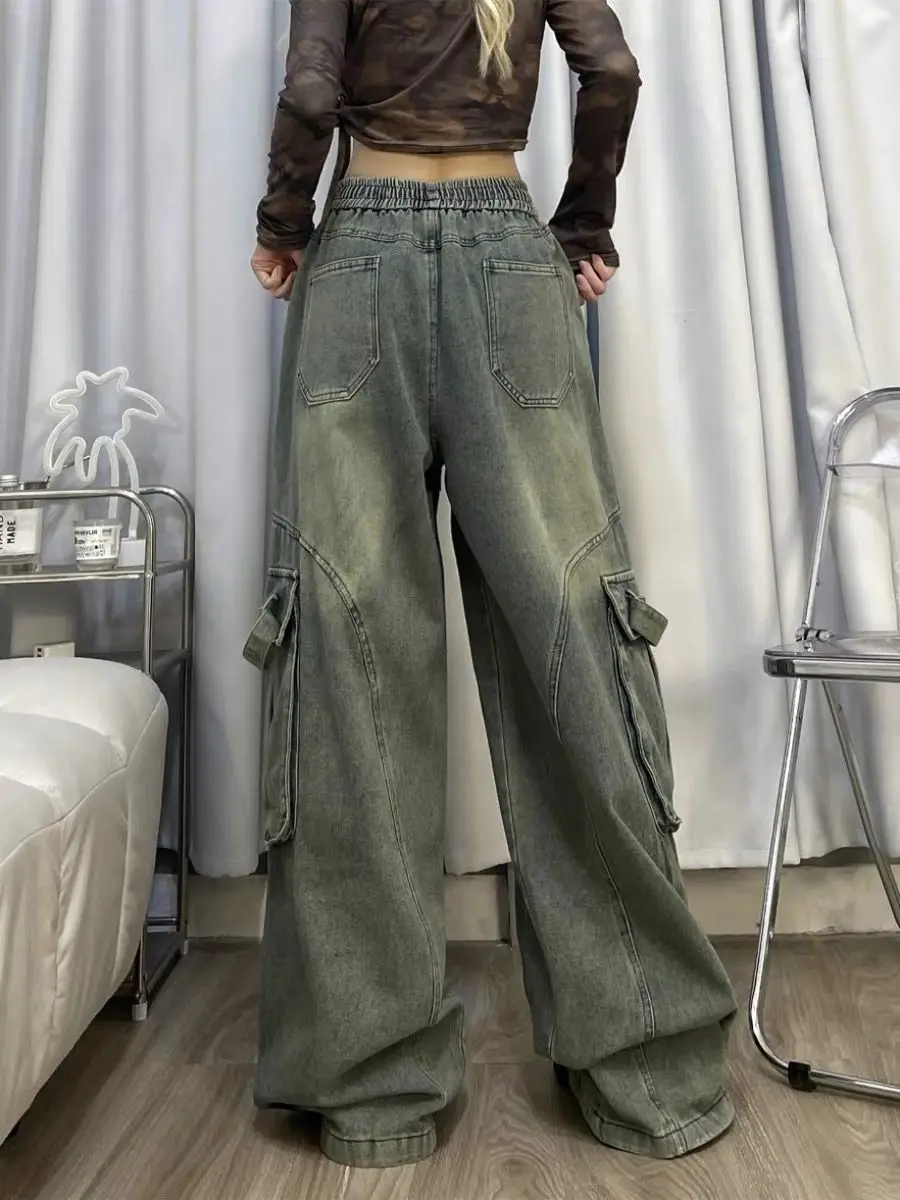 Elastic waist retro wide leg, flesh blocking straight tube, Haren loose fit, new washed denim work pants, female dad trend