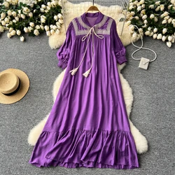 Retro lace-up ruffle Lantern Sleeve loose summer Dress A-line Elegant Vacation o neck Women sweet dresses