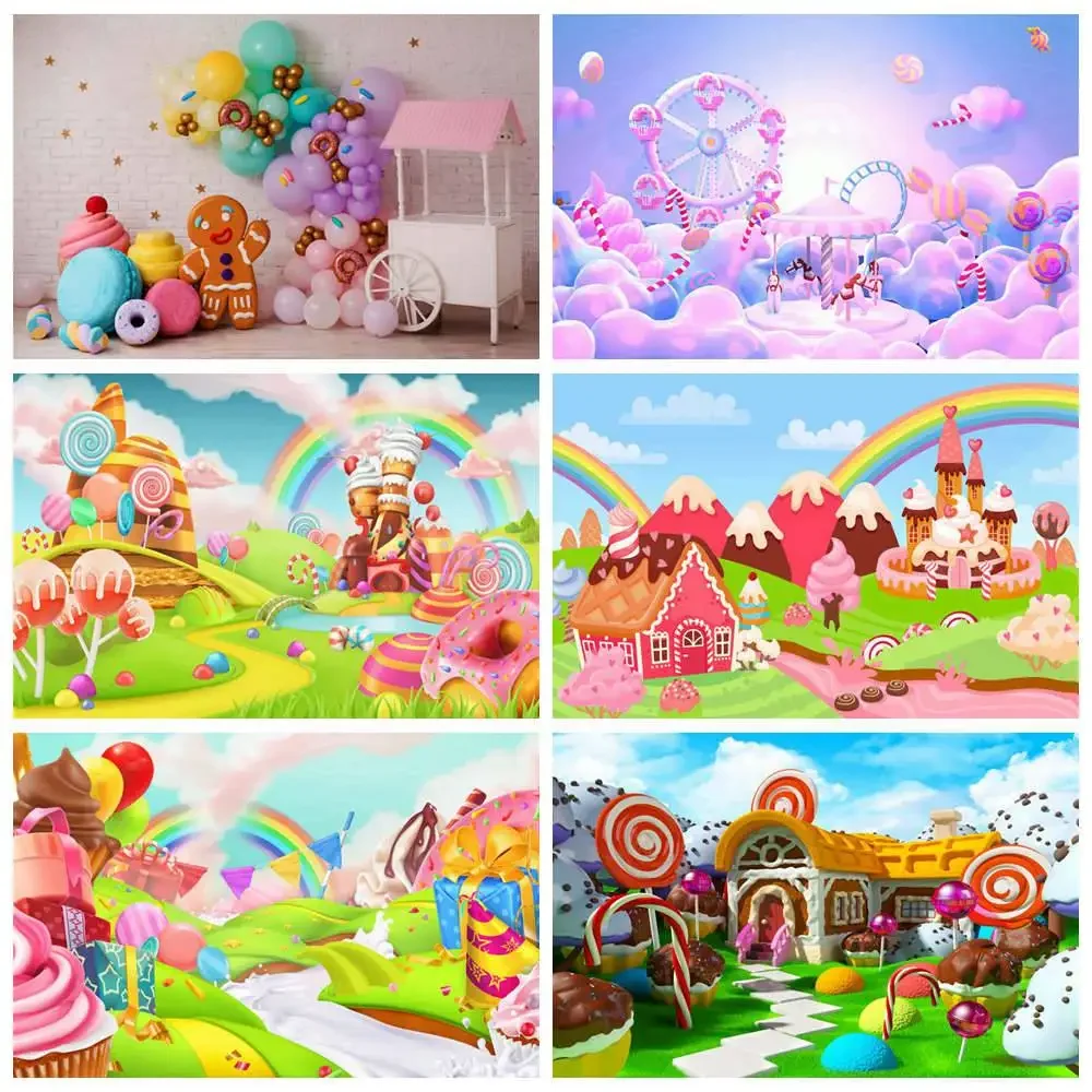 Mon.qg แคนดี้บาร์1st วันเกิดของเด็กทารกฉากหลังรูปภาพ candyland PARTY photozone background รูปถ่ายโดนัทที่กำหนดเอง