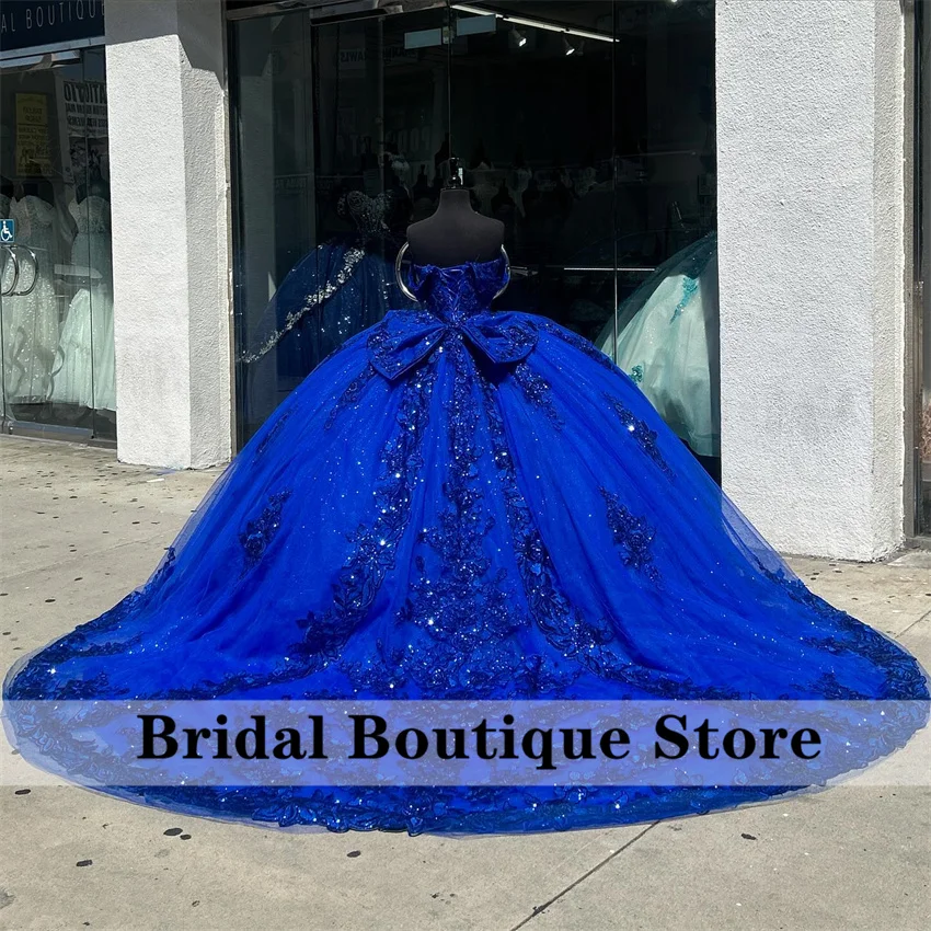 Luxury King Blue Appliques Quinceanera Dress Beads Lace Flowers Court Train Ball Gown Pageant Sweet 15 Party Vestido Customized