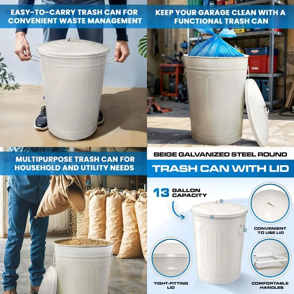 

Мусорное ведро в винтажном стиле, 13 галлонов, стальное, для улицы, с крышкой, бежевое — идеально для хранения кухонных отходов, корма для животных или семян для птиц.