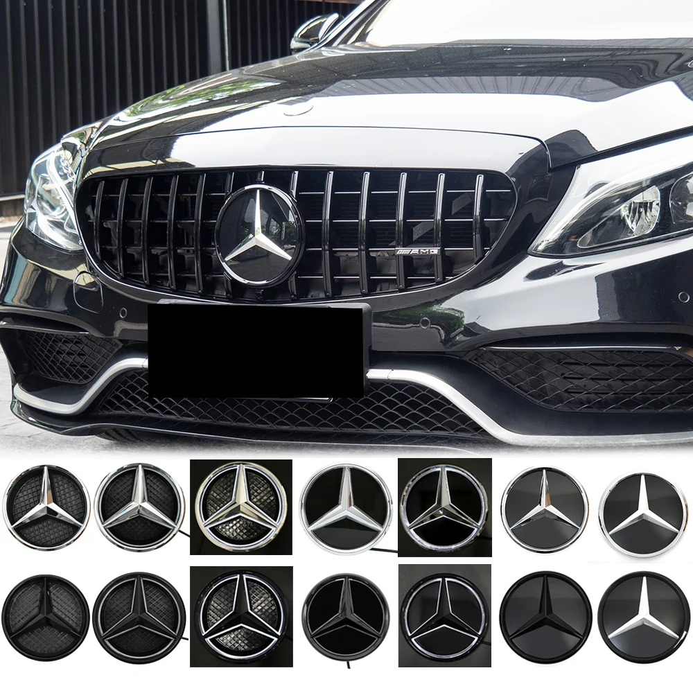 Chrome Silver Front Star For Mercedes Benz A B C E S R GL GLA GLK ML SL-Class W205 W176 W212 Grill Emblem Glossy Black Star Logo