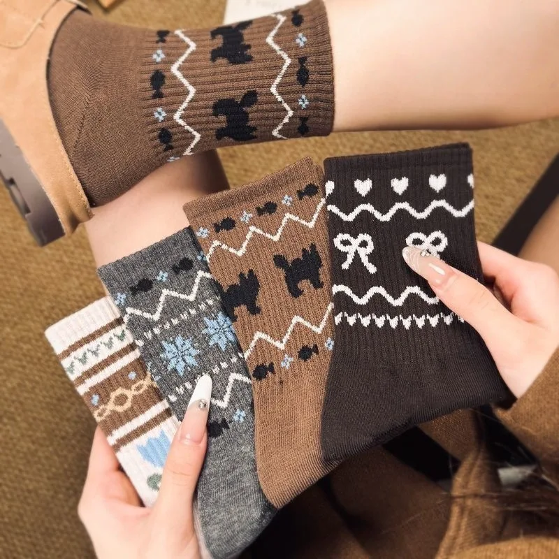 4 Pairs Warm Ethnic Style Kids Socks Autumn Winter New Stacked Socks Mid Tube Socks Ins Style Versatile Children Socks