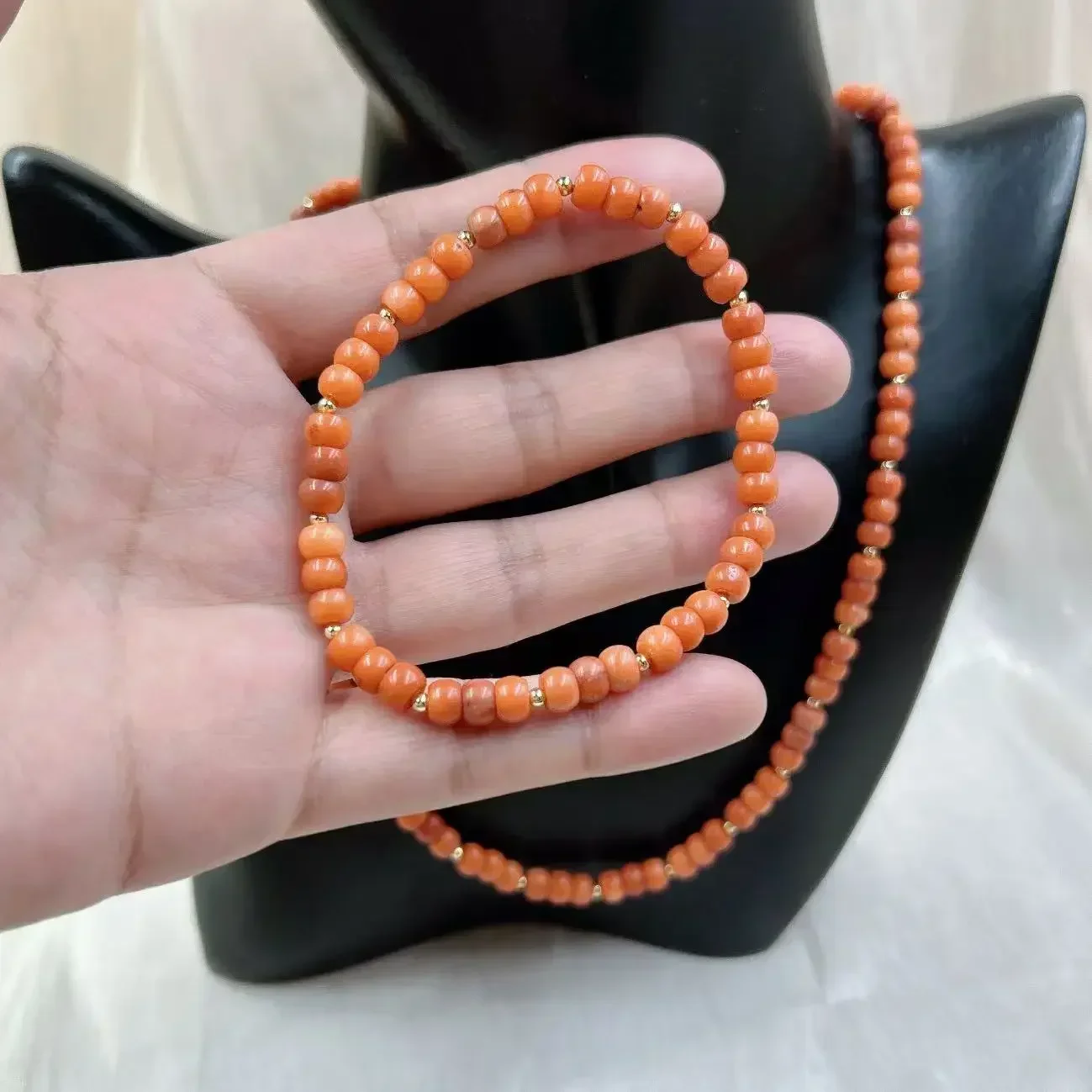 4x6mm Vintage Natural Sea Bamboo Small Orange Coral Women Jewelry Short Collar Necklace Bracelet Jewelry Set 17"  7.5" view 4