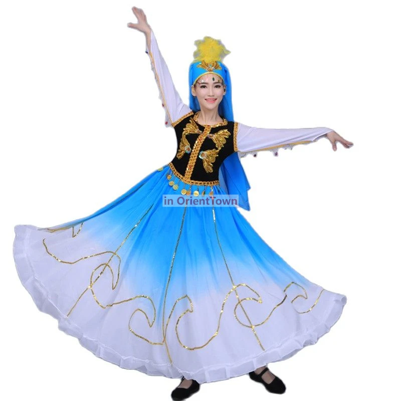 Chinese Folk Dance Costumes Xinjiang National Female Clothes Oriental Stage Dress Colorful Performance Wear