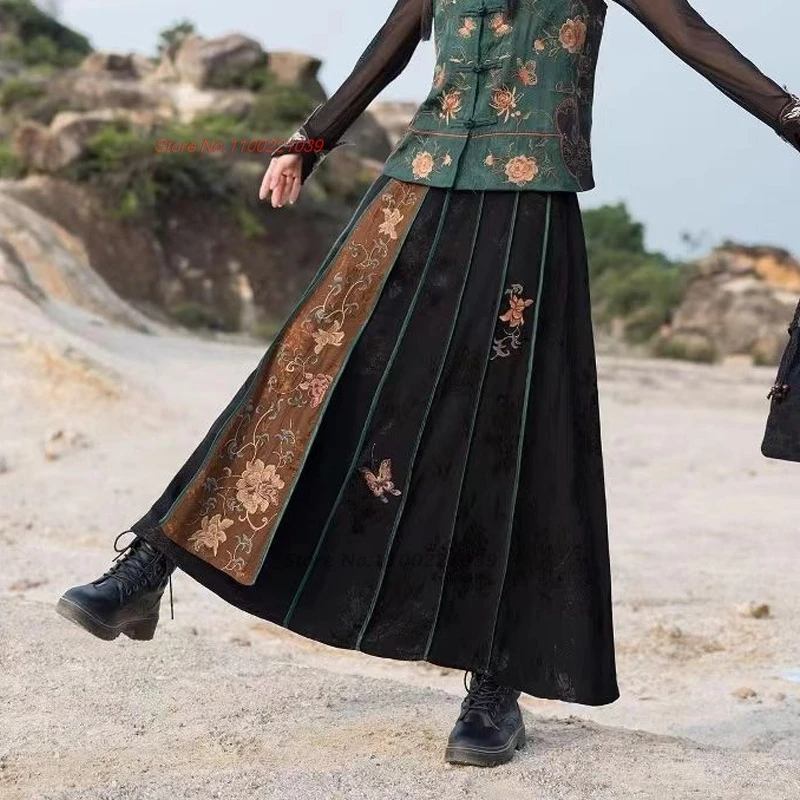 2025 traditional chinese vintage  a-line skirt national flower embroidered satin jacquard folk skirt oriental horse-face skirt