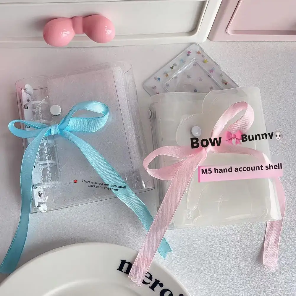 Cute M5 Mini Transparent Notebook Cover Bow Decorated Rabbit Shape PVC Binder Shell With Insert Pocket For Journal & Planne S6X3