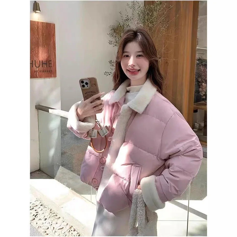 Short Women Parkas Coat Shearling Jacket Solid Pocket Turn Down Collar Single Breasted Loose Fit Thick Casual 2025 Autumn Winter