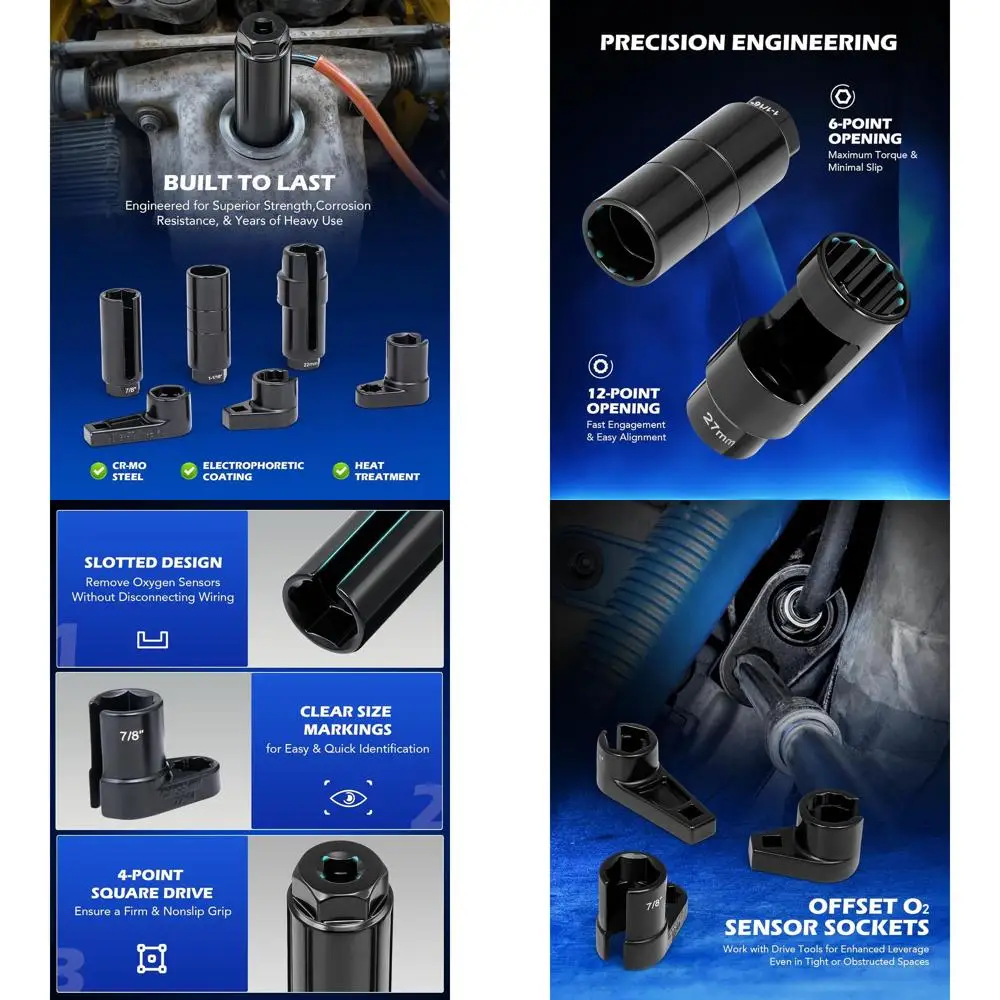 오리온 모터 테크 12피스 산소 센서 소켓 세트, O2 센서 제거 도구 및 나사 체이서 세트 (22mm 27mm 29mm 7/8인치 1-1/16인치 포함)
